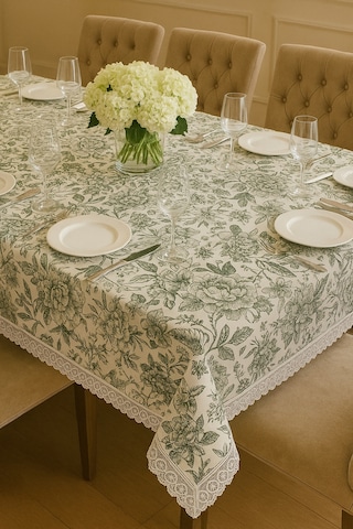 Çiçek Desenli Yeşil Masa Örtüsü Dertsiz Silinebilir Şık Sofra Bezi Lüks Çeyizlik Kaliteli Kumaş Yeşil