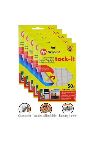 Hamur Yapıştırıcı Tack-it 50gr 5 Paket Fixpoint 65 Parça Macun Sakız Yapıştırıcı Takıt Çerçeve Afiş Duvar İz Bırakmaz