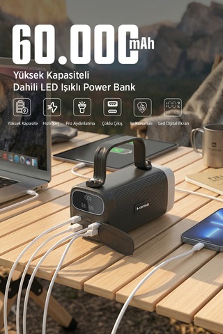 60.000 Mah Hızlı Kamp Outdoor 30w 22.5w Qc Dijital Göstergeli Led Fenerli Taşınabilir Şarj Cihazı