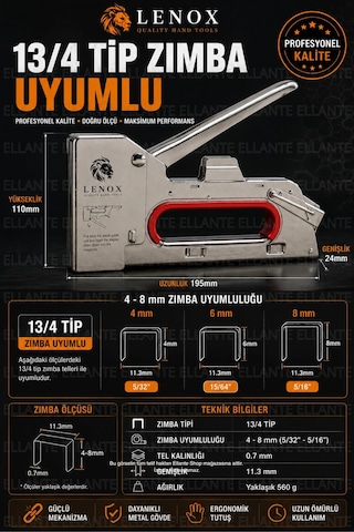 Metal Mekanik Zımba Tabancası 4-8 Mm Uyumlu Metal Gövde + 200 Adet Zımba Hediyeli