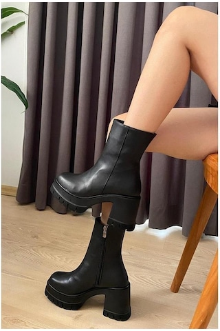 Asmi Shoes Kadın Leysi 8 Cm Platformlu Topuklu Fermuarlı Bot Siyah Siyah