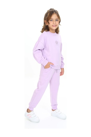 Toontoy Kids Toontoy Kız Çocuk 2'li Takım Baskılı Bisiklet Yaka Kolu Büzgülü Sweatshirt & Beli Paçası Lastikli Cepli Jogger Eşofman Altı - 2 İplik Lila