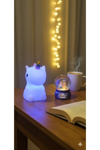 2 Li Sevgiliye Romantik Hediye Seti Unicorn Çok Renkli Led Gece Lambası Ve 9 Cm Mor Kar Küresi Seti Set