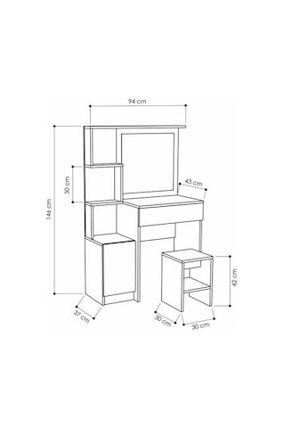 AE-4002 Novella Puflu Aynalı Makyaj Masası, Dolaplı, Çekmeceli, Raflı, Beyaz, Minderli, Tuvalet