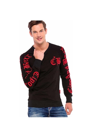 Cipo & Baxx CL370 Nakışlı Bisiklet Yaka Kalın Erkek Sweatshirt Siyah