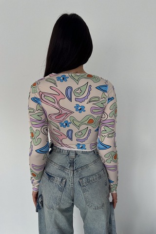 Femelle Kadın Desenli Crop Bluz Krem