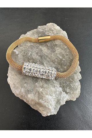 Zirkon Taşlı Mıknatıslı Kadın Çelik Bileklik 18 Cm Gold - Çelik