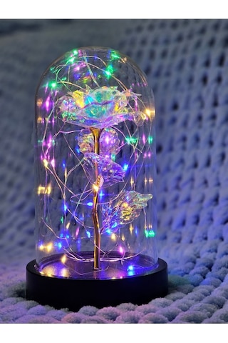 Anneler Günü Dekoratif Rengarenk Peri Led Işıklı Solmayan Sonsuzluk Gülü Fanuslu Gece Lambası
