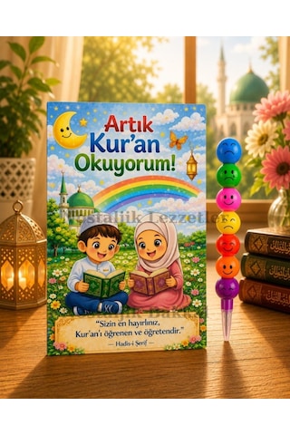 Artık Kur'an Okuyorum Hediyesi 20 Set Kur'an Kursu-hatim Töreni Hatırası Emoji Kurşun Kalem Tebrik Kartı Hediyeli
