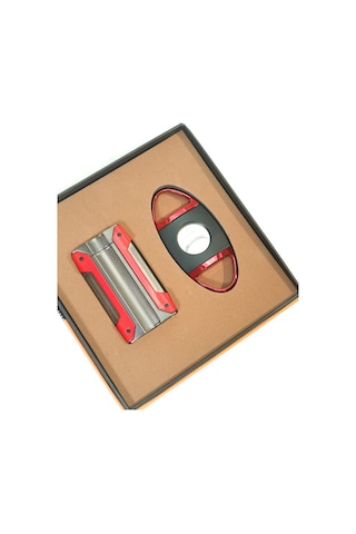 Cohiba Tek Torch Kırmızı Gunmetal Çakmak Kırmızı Siyah Kesici İkili Puro Seti Tr9836