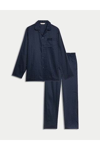 Marks & Spencer Saf Pamuklu Desenli Pijama Takımı T07004770 Lacivert