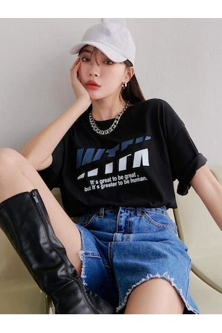 Wtfk T-shirt - Siyah Baskılı Oversize Bisiklet Yaka Kısa Kol Siyah