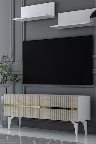 120dhdtür5bta Tedy Raflı Tv Sehpası Ünitesi Beyaz-traverten-altın