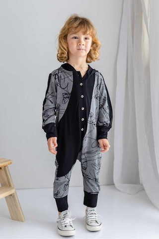 Oliven The Kid Oliventhekid Siyah Gri Ince Triko Geometrik Desenli Kapişonlu Önden Düğmeli Kışlık Unisex Çocuk Tulum Bej Bej