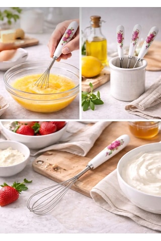 Porselen Saplı Metal Mini Çırpıcı 20 Cm El Çırpıcısı, Mutfak Karıştırma Teli Beyaz