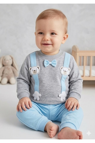 Gülerçocuk Yeni Sezon Ayıcık Nakışlı Erkek Bebek Selanik Kumaş Pantolonlu Şık Takım Mavi