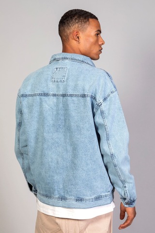 Erkek Buz Mavisi Körüklü Cep Oversize Kot Ceket Buz Mavi