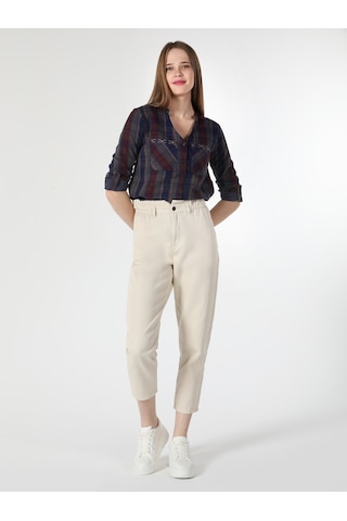 Colins Regular Fit V Yaka Kareli Lacivert Kadın Uzun Kol Gömlek Cl1061052 Lacivert