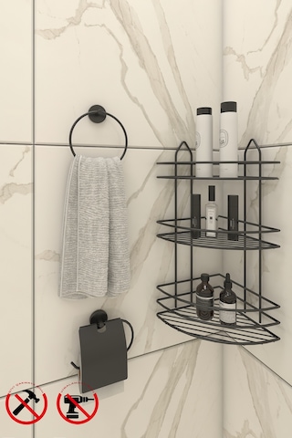 Alper Banyo Yapışkanlı Siyah 3 Katlı Banyo Rafı EK03 Lotus Kapaklı Kağıtlık Halka Havluluk Siyah
