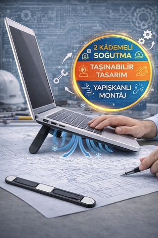 Yapışkanlı Katlanabilir Laptop Standı 2 Kademeli Soğutucu Notebook Yükseltici 22 Cm Siyah