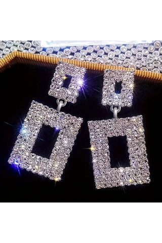 Sallantılı Küpe Parıldayan Geometri Taşlı Tasarımı Gümüş Kaplama Gümüş