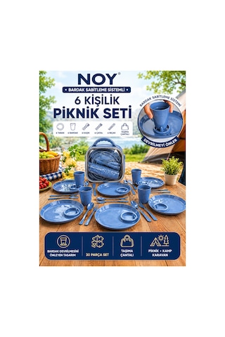 Piknik Seti Piknik Sepeti Konforu Sunan 6 Kişilik 30 Parça Çantalı Piknik Tabak Seti Mavi