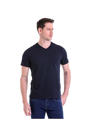 Hatemoğlu Düz Slim Fit Pamuk V Yaka Erkek Tişört - Lacivert