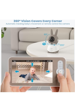 İegeek 2k/3mp Wifi Bebek Monitörü, 5" Ekran, 360 Görüş, Otomatik Takip, Gece Görüşü, Hareket Algılama Kamera Sistemi
