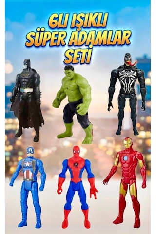 Avengers 6'lı Işıklı Kahramanlar Batman Hulk Venom Kaptan Amerika Örümcek Adam Demir Adam Figür Seti