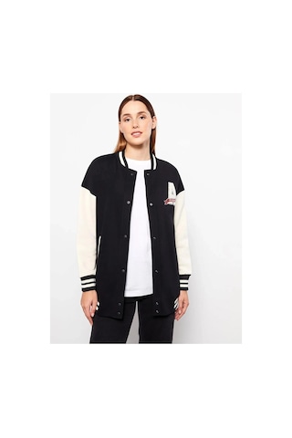 LC Waikiki Lcw Modest Siyah Bomber Yaka Nakışlı Kadın Kolej Ceket
