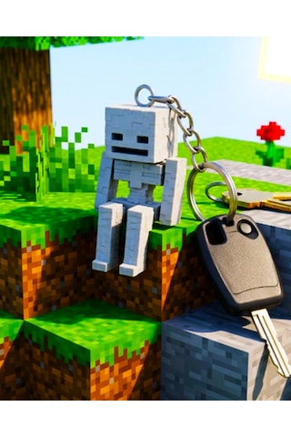 Minecraft İskelet Anahtarlık Hareketli Eklemli Skeleton Figürlü 3d Baskı Anahtarlık Beyaz