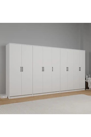 Kardelen Serisi 340 Cm Mat Beyaz 9 Kapılı 14 Raflı Elbise Dolabı - Gardırop Seti Beyaz