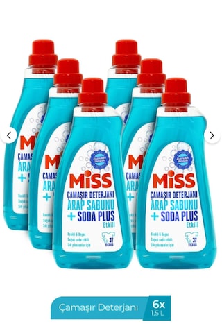 Miss Sıvı Çamaşır Deterjanı Arap Sabunu & Soda Plus 6'lı Paket 6x1.5 L 1500 ML Miss Sıvı Çamaşır Deterjanı Arap Sabunu & Soda Plus 6'lı Paket 6x1.5 L 1500 ML