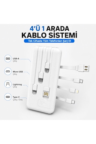 10000 Mah Powerbank 4 Ü 1 Arada Kablolu Taşınabilir Şarj Cihazı Dijital Göstergeli Type-c Micro Usb Lightning Usb-a Uyumlu Beyaz