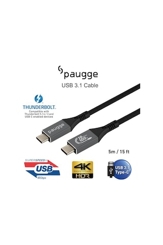 Paugge Usb 3.1 Kablo - 10gbps, Usb C Görüntü, Ses, Data Ve Şarj Kablosu - 5 Metre