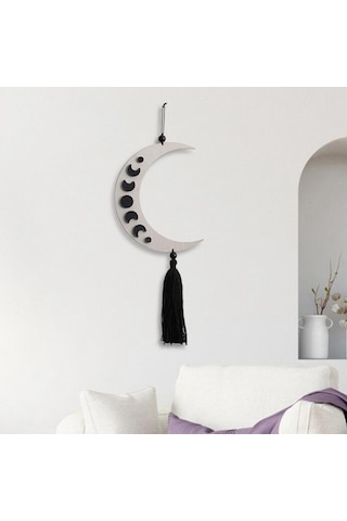 Homyl Püsküllü Siyah Göksel Evre Ahşap Duvar Sanatı Hilal