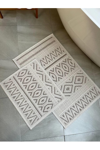 Hat Doğal Pamuklu 2'li Banyo Paspas & Halı Seti 60x100+50x60 Cm - Taş Taş