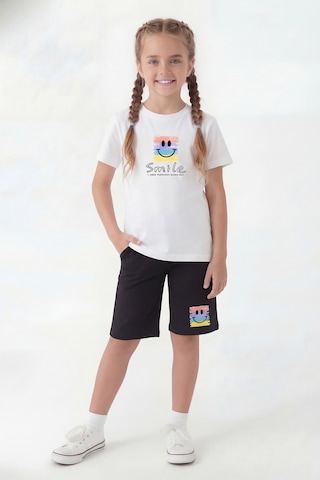 Fyk Kids Yuvarlak Yaka Tişörtlü Kaprili Baskı Detaylı Kız Çocuk Alt Üst Takım Beyaz