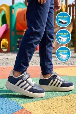 Lacivert Bej Cırtlı Hafif Esnek Erkek Çocuk Spor Ayakkabı 754 F Lacivert-bej