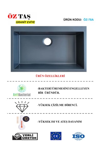 Öztaş ÖZ-78a Granit Mutfak Eviye Antrasit Tek Gözlü 50 x 78 CM