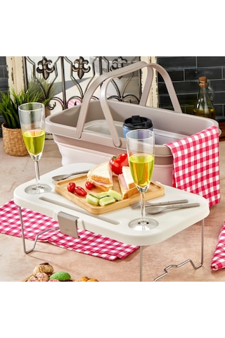 Bigmate Portatif Katlanır Piknik Seti 25lt Silikon Sepetli Masalı Piknik Sepeti Krem