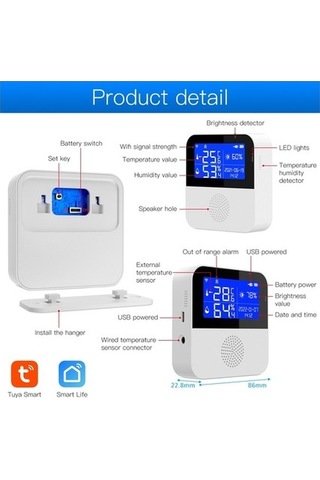 Fastbuy 2,9 Ekranlı Tuya Wifi Sıcaklık Nem Sensörü, Algılama Hattı İle