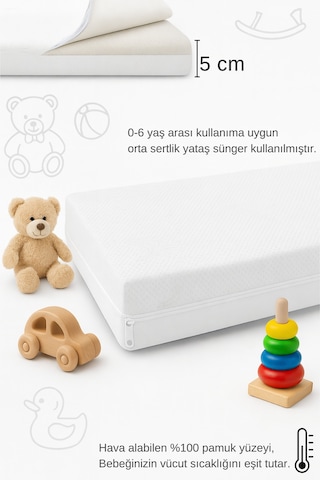 Yatella %100 Organic Cotton Full Ortopedik 5 Cm Kalınlık Bebek Oyun Parkı,park Yatak Ve Beşik Yatağı 50 x 70 CM