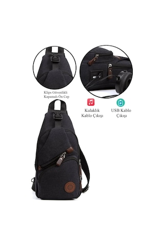 Newish Polo Erkek Kanvas Kumaş Usb Ve Kulaklık Çıkışlı Çapraz Göğüs Bel Ve Omuz Çantası New117 - Siyah