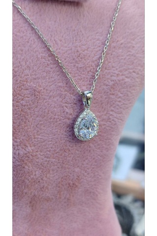 Modagümüşevi 925 Ayar Gümüş Pırlanta Tasarım Damla Kolye, Gümüş Kadın Kolye, Gümüş Kolye