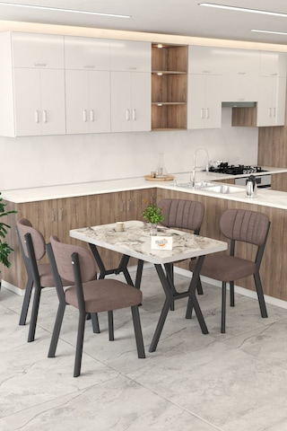 Gnr 70x110cm Sabit Efes Mutfak Masası Takımı, Yemek Masası, 4 Modern Kahverengi Sandalye Kahverengi