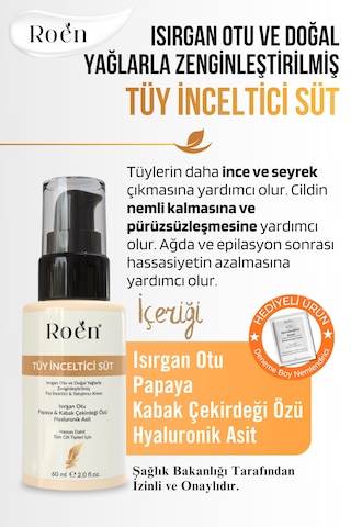 Tüy Azaltıcı, Tüy İnceltici Süt, Isırgan, Papaya & Hyaluronik Asit Özlü, Nemlendirici Etkili 60 Ml