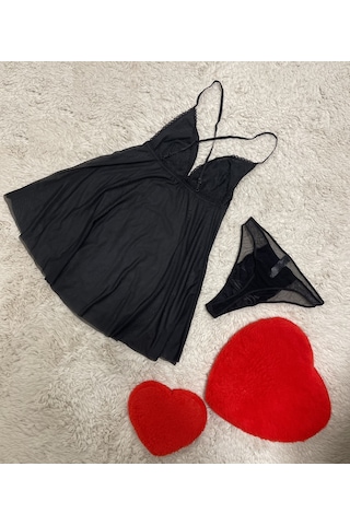 Siyah Dantel Detaylı Tül Babydoll Takım