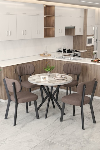Gnr 90cm Sabit Efes Mutfak Masası Takımı, Yemek Masası, 4 Modern Kahverengi Sandalye Kahverengi