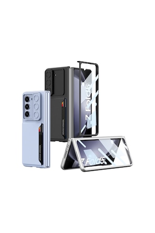 Galaxy Z Fold 5 Suni Deri Arka Yüzey Sürgülü Kamera Korumalı Kartlıklı Kıpta Silikon Kapak